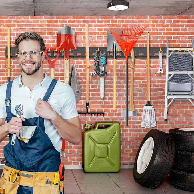 Garden Tool Organizer Wall Mount - Garage Storage and Organization Yard Tool Hanger with Adjustable Pegboard Hooks Shed Rack for Broom Mop Shovel Rake Trimmers, 64 inch Max 750lbs, Black