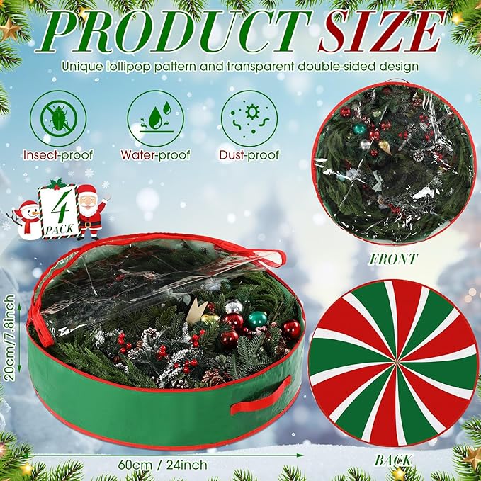 4 Pack 24 Inch Wreath Storage Containers, Hard Shell Christmas Garland Storage Bags with Handle Dual Zipper, Red Green Round Storages Box for Xmas Valentine Winter Wreath