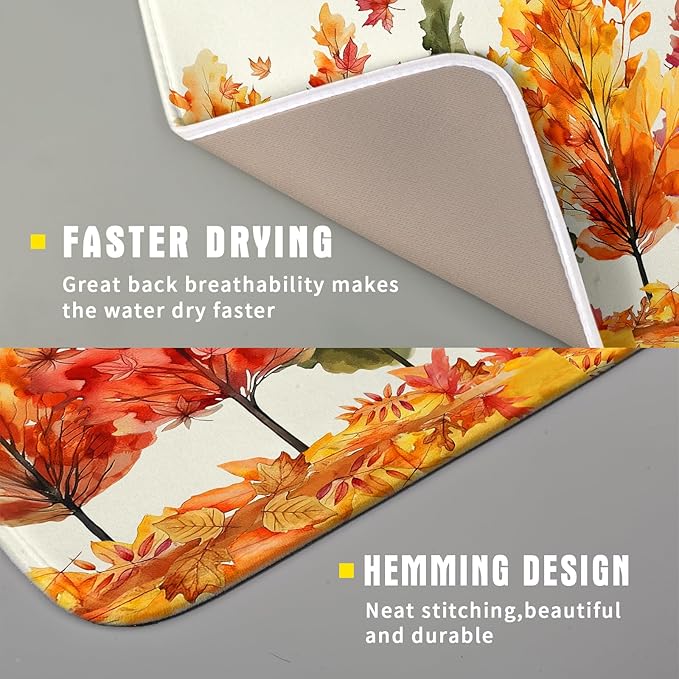 Fall Maple Leaves Dish Drying Mat for Kitchen Counter 18x16 Inch Watercolor Autumn Drying Mat with Absorbent Reversible Microfiber Orange Dish Drainer Mats Rack Pad for Coffee Countertop Protector