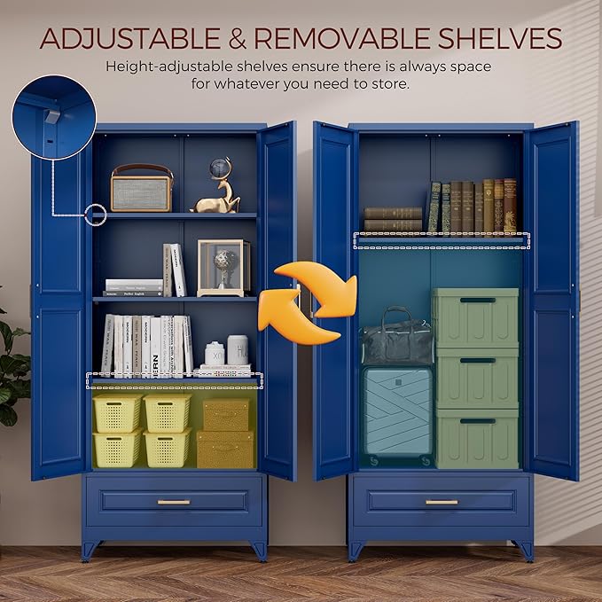 75" Kitchen Pantry Cabinet with Drawer, Metal Storage Cabinets with Doors and Adjustable Shelves, Blue Tall Pantry Cabinet for Dinning Living Room, Home