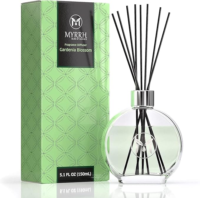 Gardenia Blossom Scented Reed Diffuser Set with 8 Rattan Diffuser Sticks, 150 ml, All Natural Air Freshener, Long-Lasting Diffusers at Home - MyrrhUSA