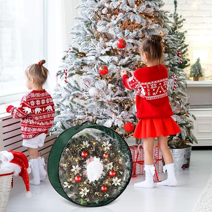 4 Pcs Christmas Wreath Storage Bag, Christmas Garland Storage Container with Clear Window, Zipper & Handle for Xmas Holiday Seasonal Wreath Garland Box(Green,24")
