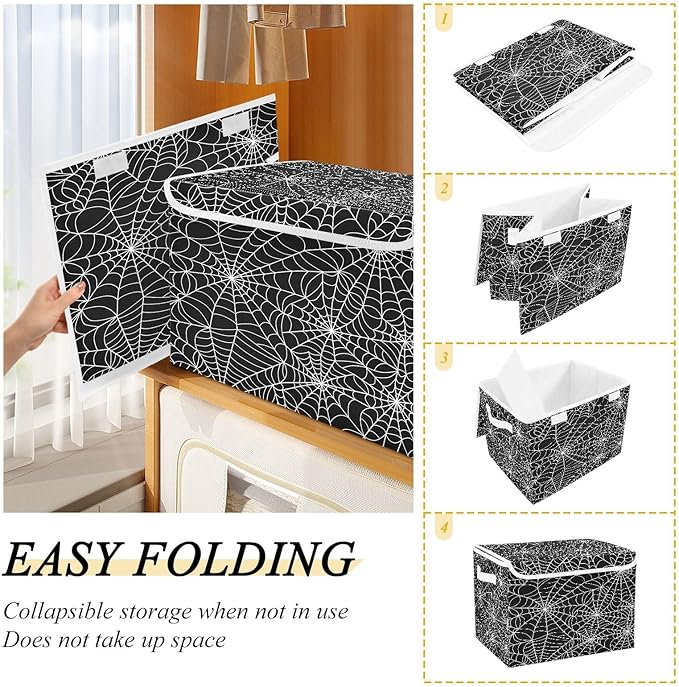 Bolaz Storage Bins with Lids and Handles,Halloween Gray Spider Web Storage Box Basket with Cover Collapsible Organizer Containers for Home Closet, Shelves
