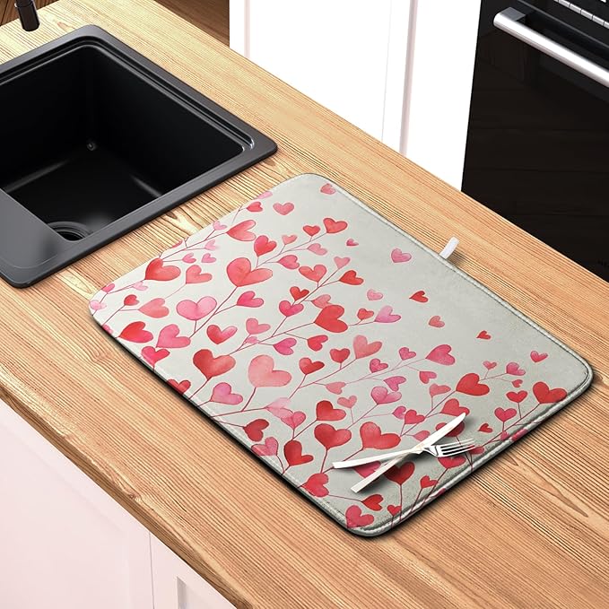 Kwlegh Valentines Pink Love Heart Dish Drying Mat Valentine Day Absorbent Microfiber Dish Drying Pad Heat Resistant Kitchen Counter Draining Mat Extra Large Dish Drainer Rack Mats 16x18 Inch