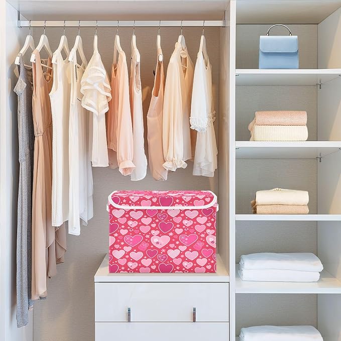 Bolaz Valentines Red Heart Flower Florals Storage Bins with Lids and Handles, Foldable Storage Box Storage Basket with Cover Collapsible Organizer Containers for Home Closet, Shelves