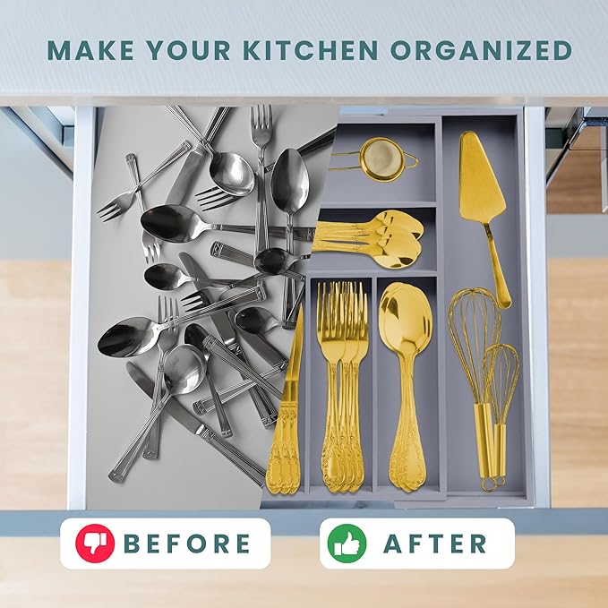 Sben Expandable Drawer Organizer for Utensils Holder, Adjustable Cutlery Tray, 6-8 Slots, Premium Wood Drawer Dividers Organizer for Silverware, Flatware, Knives for Kitchen (Gray)