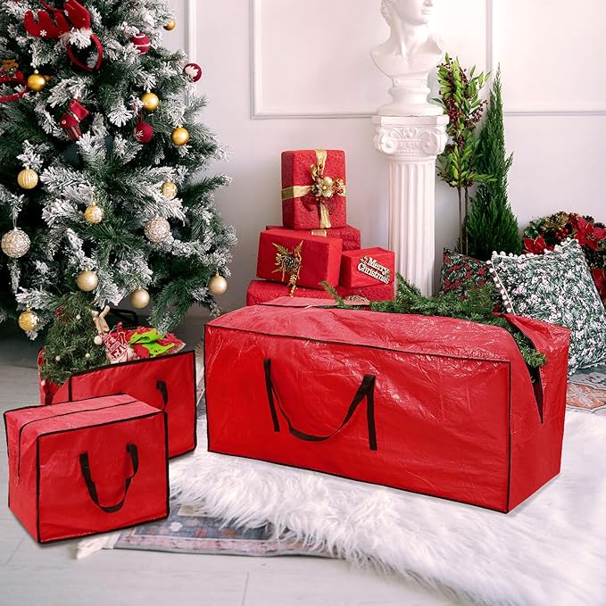 Heavy Duty 9 Ft Christmas Tree Storage Bag - Large Waterproof Plastic Storage Bag & Container for Artificial Trees, Holiday & Xmas Decorations - 3-Piece Set with Reinforced Carry Handles - Red
