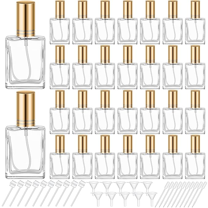 Domensi 30 Pcs 30 ml Glass Perfume Bottles Mini Glass Empty Spray Atomizer Bottles Bulk Refillable Perfume Dispenser Container with Pump Tool for Travel Cleaning Skin Care(Gold)