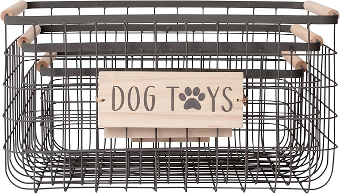 RGI Home Dog Toy Storage Baskets – Set of 3 Rectangular Metal Organizer Bins for Pet and Household Storage, Multi-Sized with Wood Accents, Durable and Rustic, Antique Gray Metal