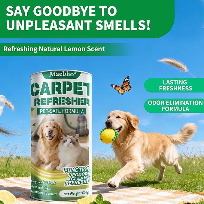 Maebho Carpet Deodorizer Freshener Powder for Pets - Pet Odor Eliminator for Urine, Feces & Vomit | Lemon Scent, Natural Ingredients Safe for Kids & Pets | 21 Oz