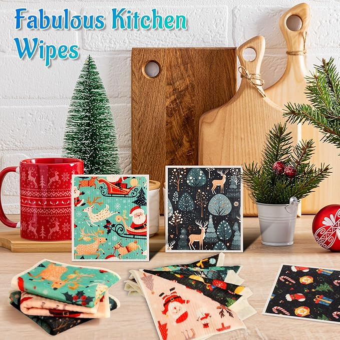 Lucomb 8 Pack Christmas Swedish Dishcloths Reusable, Kitchen Sponges Soft Absorbent Dish Towels Swedish Dish Cloths Washable Decorative for Kitchen Washing Dishes Bathroom Office Hand Towel Cleaning