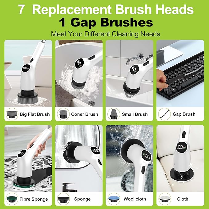 Wky G3 Electric Spin Scrubber - 10-in-1 Cordless Shower Scrubber & Cleaning Brush with Extendable Handle, 2 Speeds, IPX7 Waterproof Brush Heads, LED Display, Smart AI Chip,for Bathroom, Kitchen White