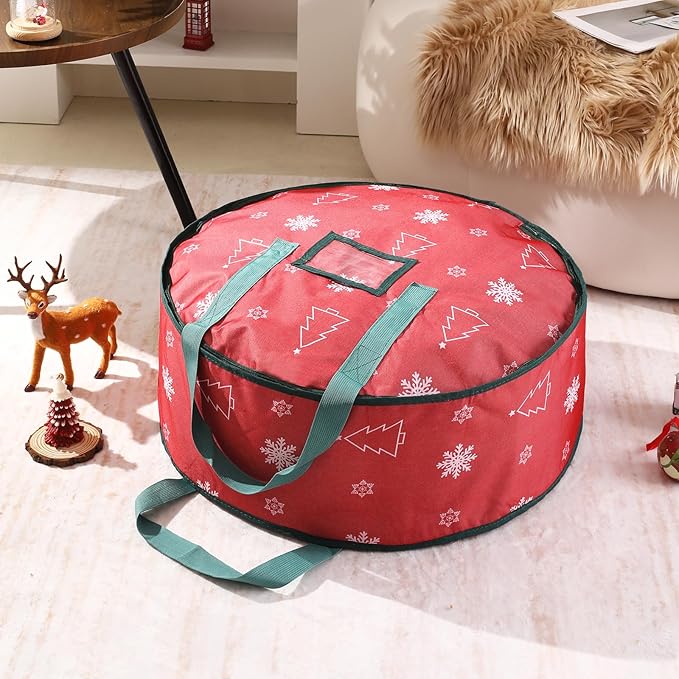 30 Inch Christmas Wreath Storage Bag, Wreath Storage Container with Carry Handles Zipper and Labeling Card Slot, Waterproof Garland Storage Container for Wreath Christmas Decoration, Red