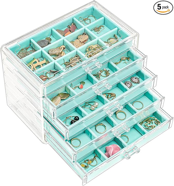 ProCase Earring Holder Organizer Jewelry Box with 5 Drawers, Acrylic Clear Earring Case with Adjustable Velvet Trays for Women - Aqua, 5 Layers