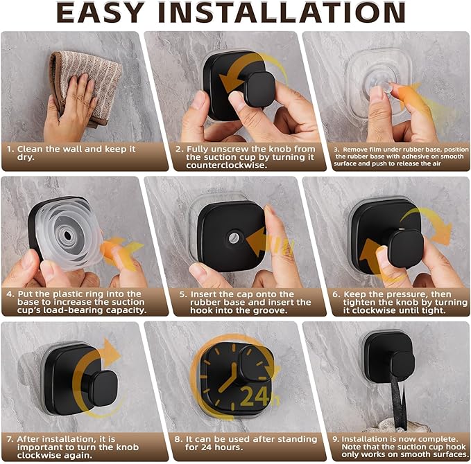 Heavy Duty Reusable Suction Cup Hooks for Kitchen/Bathroom/Shower - Wet-Proof Hooks for Towels, Robes, Loofah&Wreaths/No Drill Mounting on Glass, Tile, Metal (2, Matte Black)