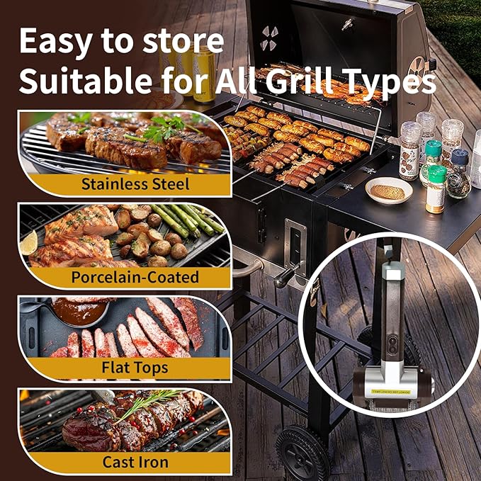 Electric Grill Cleaner Bristle Free with SUS Roller Head for Outdoor, Cordless Grill Brush for BBQ with LED Light, Motorized Grill Cleaning Tool
