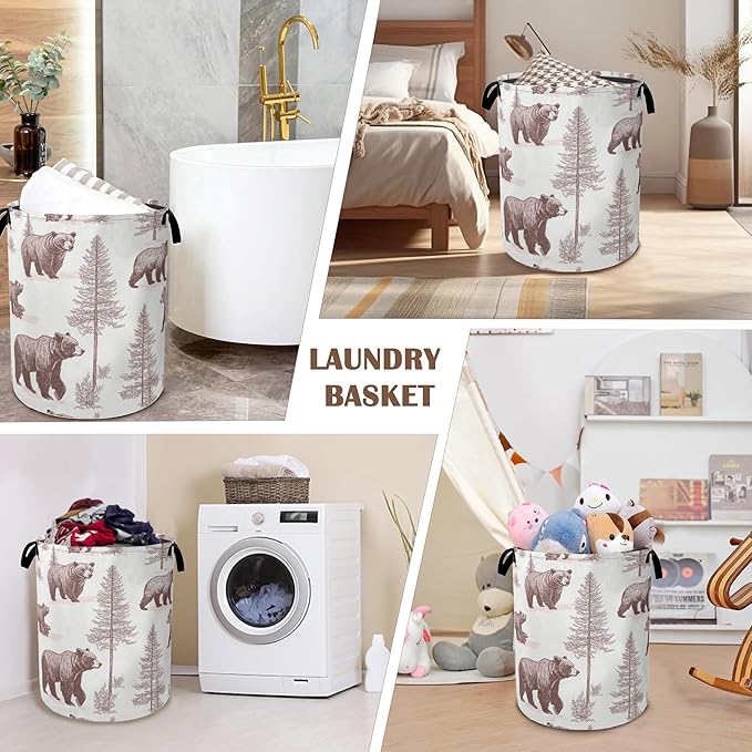 Large Laundry Basket,Retro Bear Collapsible Laundry Baskets,Forest Printed Waterproof Oxford Hamper with Handles for Bathroom Bedroom Nursery Home Storage 16"x20"