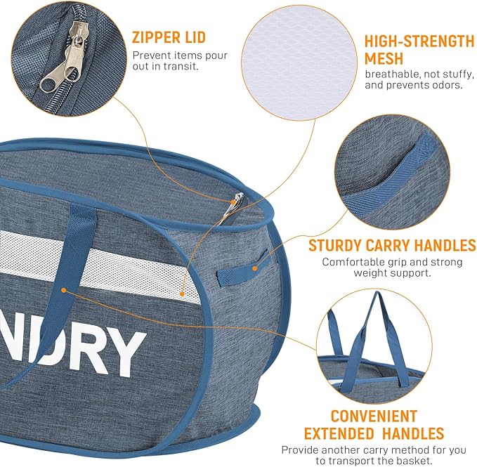 Collapsible Laundry Baskets with Lid, Foldable Clothes Hamper with Reinforced Handles, Sturdy Pop Up Hampers for Laundry, Tear Proof & Easy to Carry Laundry Hamper for Home, Dorm, Travel Blue