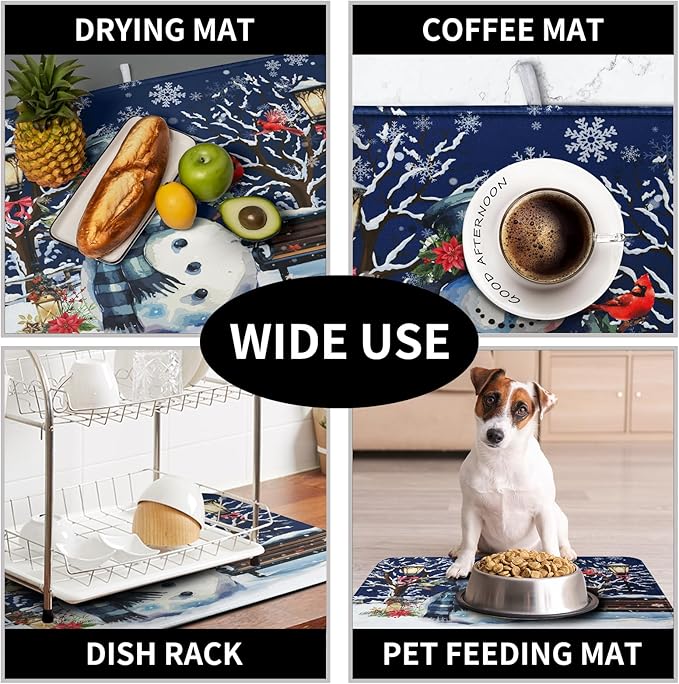 Winter Snowman Dish Drying Mat for Kitchen Counter 16x18, Xmas Snowflakes Dish Drainer Mat Snowy Night Drying Kitchen Mats Cardinal Birld Dish Pad Absorbent Reversible Coffee Mats for Dishes