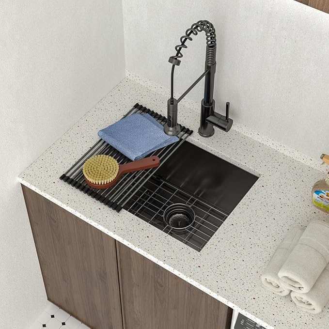 Lordear 23 Black Laundry Sink Stainless Steel 23" x 18" x 13" Undermount Sink Single Bowl 16 Gauge 13 Inch Deep Laundry Room Utility Sinks Handmade Under Counter Kitchen Basin Gunmetal Black