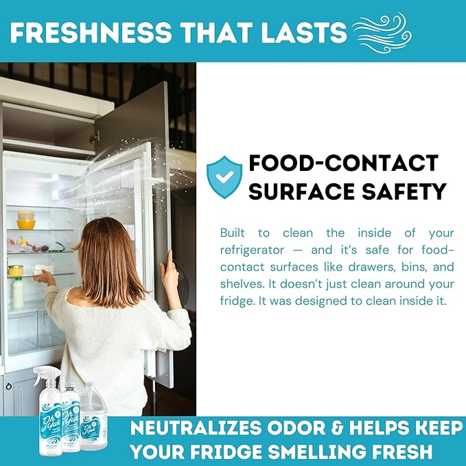Oh Yuk Fridge Cleaner – 16 oz Concentrate Refill | Makes 4 Spray Bottles | Cleans Inside Refrigerator for Spotless, Food-Contact Safe Surfaces | Lifts Sticky Messes & Dried-On Food