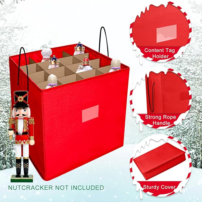 Christmas Nutcracker and Figurine Collectible Storage Box, Fits 16 Holiday Ornaments, Stores Up to 16" Tall Ornaments, Holiday Decor Organizer with Dividers, Nutcracker not Included(Red)