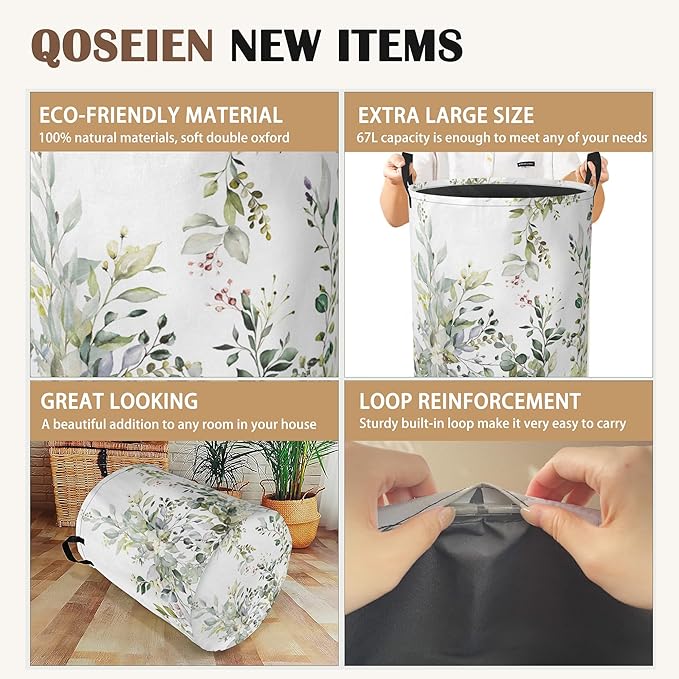 Laundry Basket,Sage Eucalyptus Collapsible Laundry Baskets, Green Leaves Waterproof Hamper with Handles for Bathroom Bedroom Nursery Home Storage16"x20"