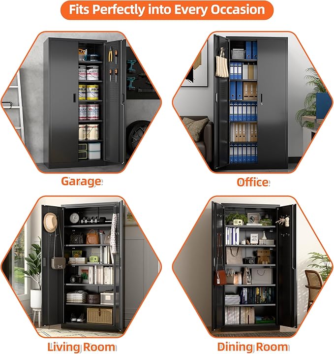 Aobabo 71" H×32" W×16" D Metal Storage Cabinet with 5 Adjustable Shelves, Locking Garage Storage Cabinet with Pegboards and 4 Hooks for Garage, Office, Black, Assembly Required