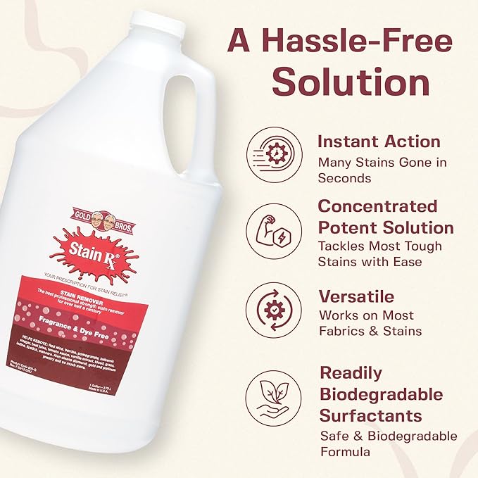 Stain Rx Stain Remover, Effectively Eliminates Stains from Wine, Berries & Blood on Colorfast Fabrics, Carpets, Upholstery & Jewelry, Fragrance Bleach & Dye-Free, Peroxides & Phosphates, 1 Gallon