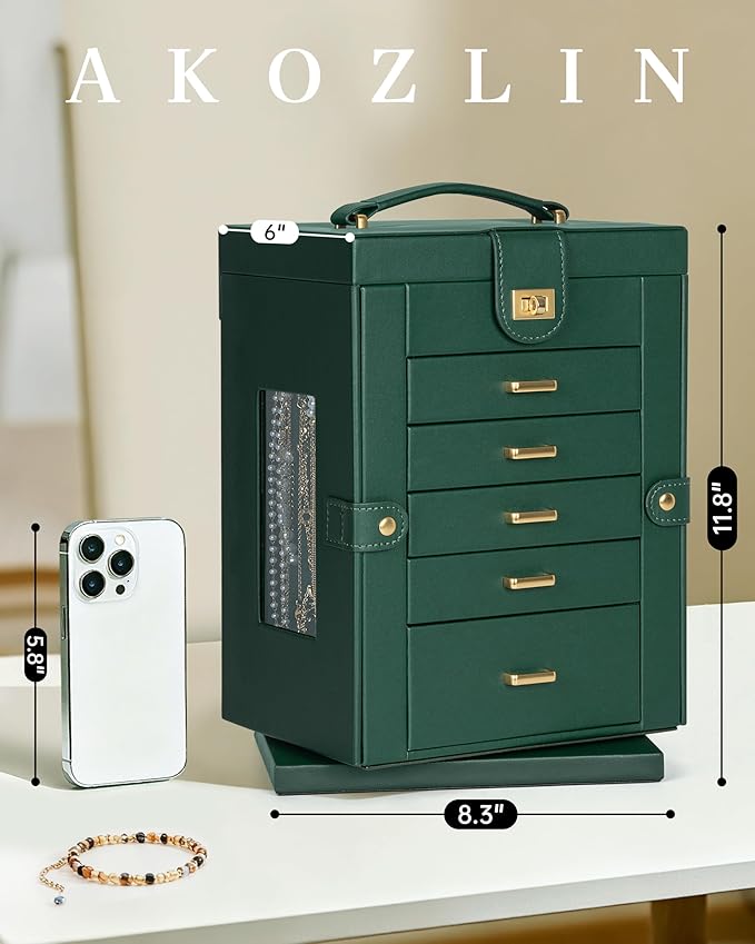 AKOZLIN 360° Rotating Jewelry Box 6-Tier Organizer Functional Jewelry Storage Case for Women Girls Ring Necklace Earring Bracelet Holder with Mirror
