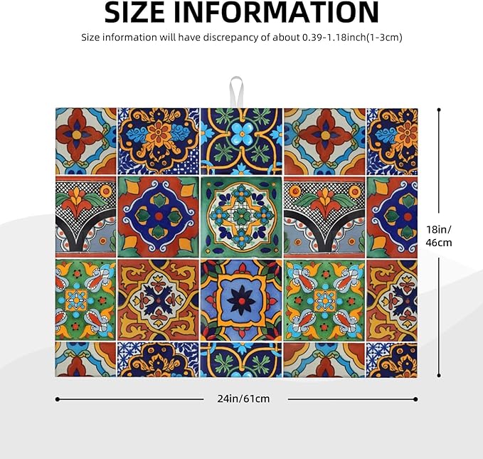 Talavera Mexican Tiles Dish Drying Mat For Kitchen Counter, Super Absorbent Microfiber Dish Drying Pad, Kitchen Gadgets For Easy Clean Multi-Use Large 18"x24"
