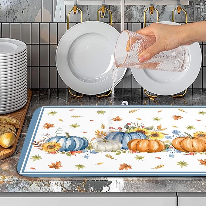 Fall Pumpkin Dish Drying Mat for Kitchen Counter 18×24 Inch Blue Dishes Pad Washable Thanksgiving Dish Rack Pad Drainer Mat Autumn Absorbent Reversible Microfiber Dish Drying Pad for Coffee Bar