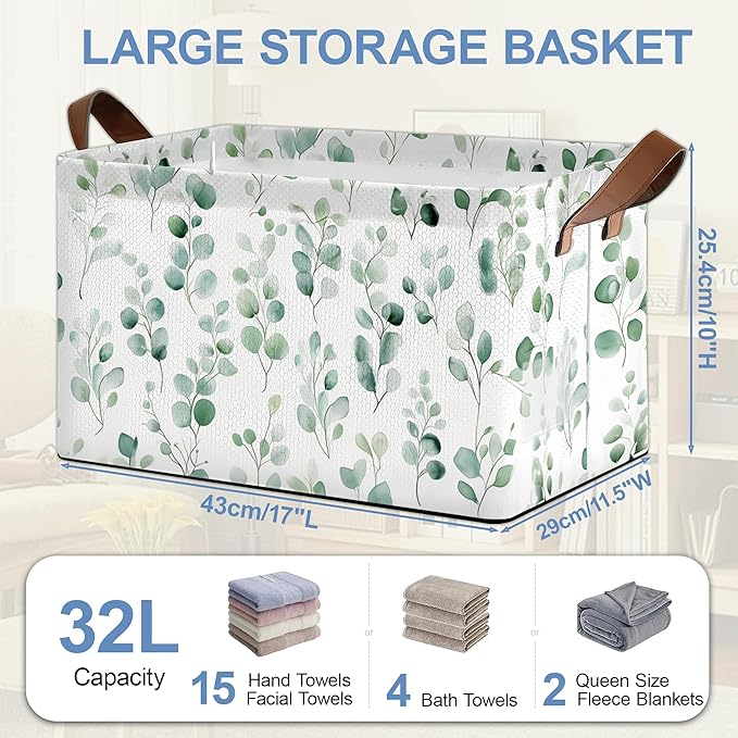 Eucalyptus Storage Basket,Leaves Collapsible Storage Bin Cubes for Living Room Bedroom Blankets Home Storage 17x11.5x10Inch
