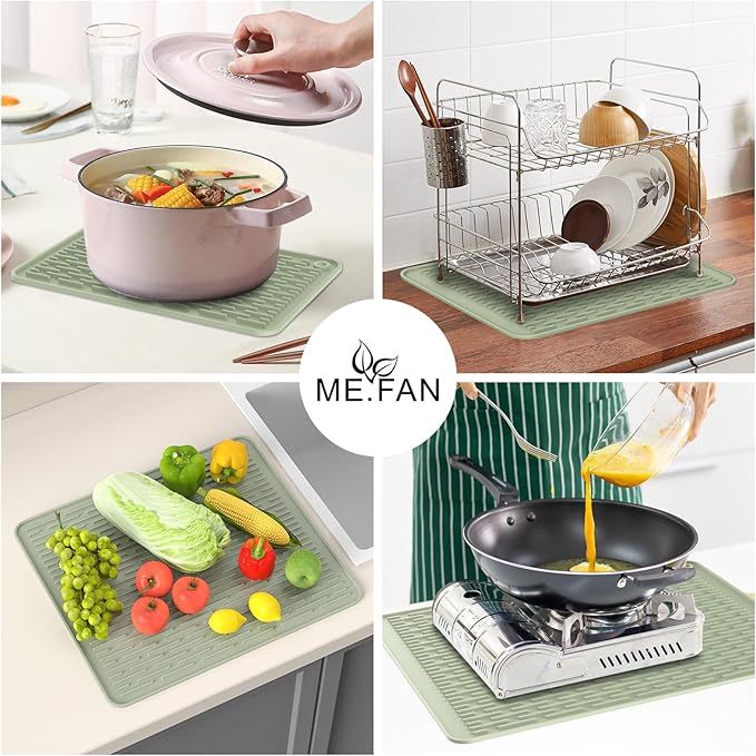 ME.FAN Silicone Dish Drying Mat for Kitchen Counter, Dish Drying Pad for Sink, Refrigerator or Drawer, Countertop Protection Pad M - 16''×12'' - Desert Sage