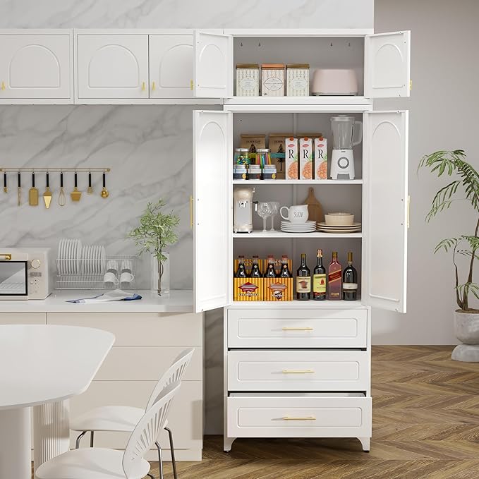 Metal Storage Cabinet with Doors and Shelves, 90" Tall Kitchen Pantry Storage Cabinets with 3 Drawer, White Pantry Closet, Steel Large Cupboard, High Leveling Feet- Assembly Required