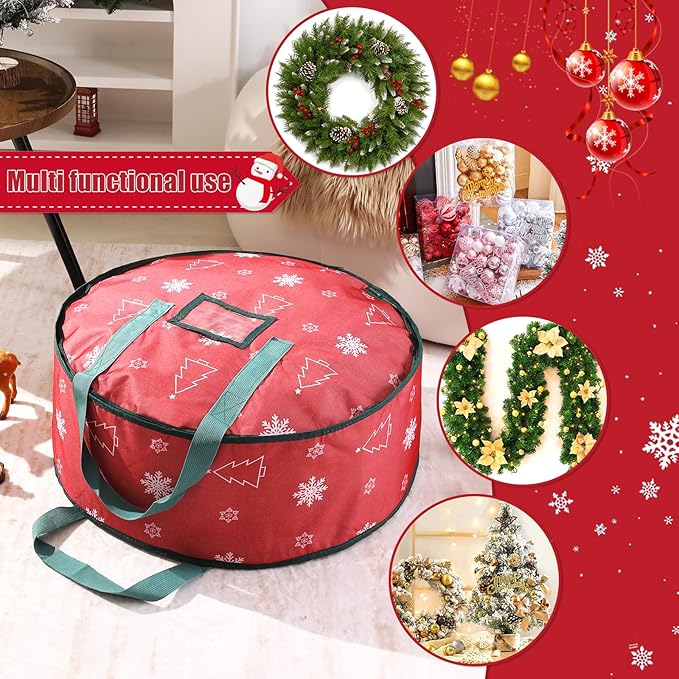 30 Inch Christmas Wreath Storage Bag, Wreath Storage Container with Carry Handles Zipper and Labeling Card Slot, Waterproof Garland Storage Container for Wreath Christmas Decoration, Red