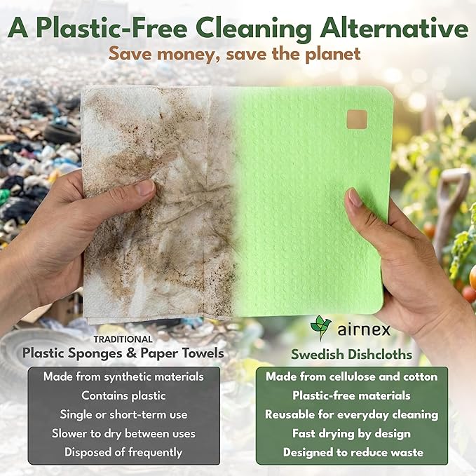 AIRNEX 5 Pack Cellulose Swedish Dishcloths for Kitchen - Eco-Concious Reusable Dish Towels & Cloths - Super Absorbent, Odor Resistant and Fast Drying Wash Cloths for Dishes & Surfaces