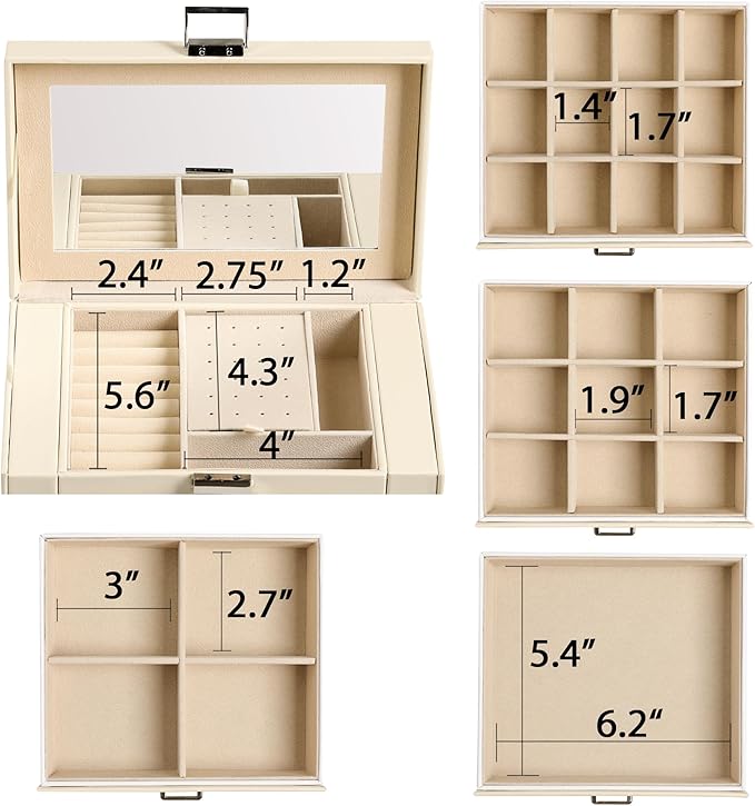 Frebeauty 5-layer Jewelry Box,Faux Leather Jewelry Organizer with 4 Drawers,Jewelry Organizers and Storage with Mirror,Jewelry Holder Organizer for Necklace,Jewerly Boxes for Women Girls(Beige)