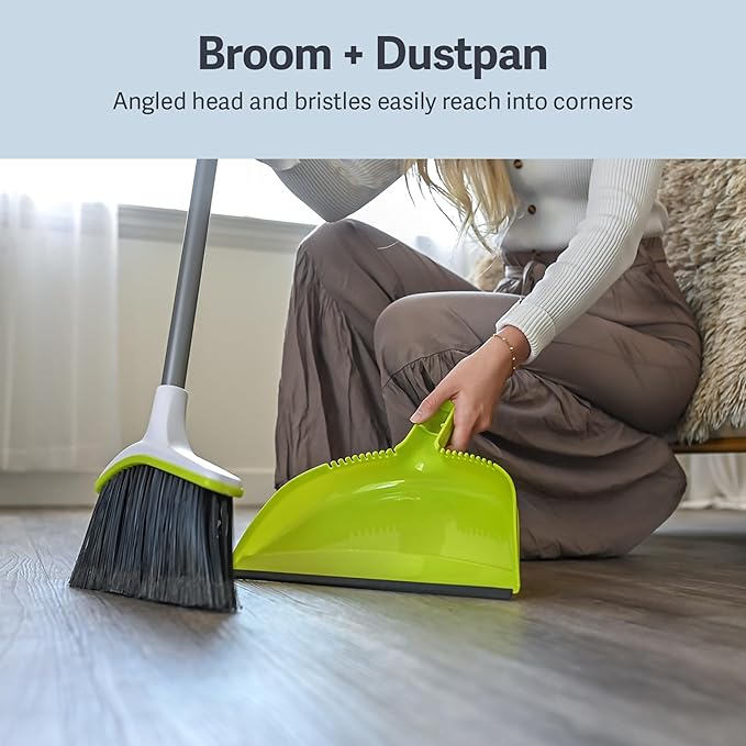 Casabella Basics 2-Piece Angled Broom and Dustpan Set, 44" Angled Broom with Long Handle and Dustpan, Silver/Green