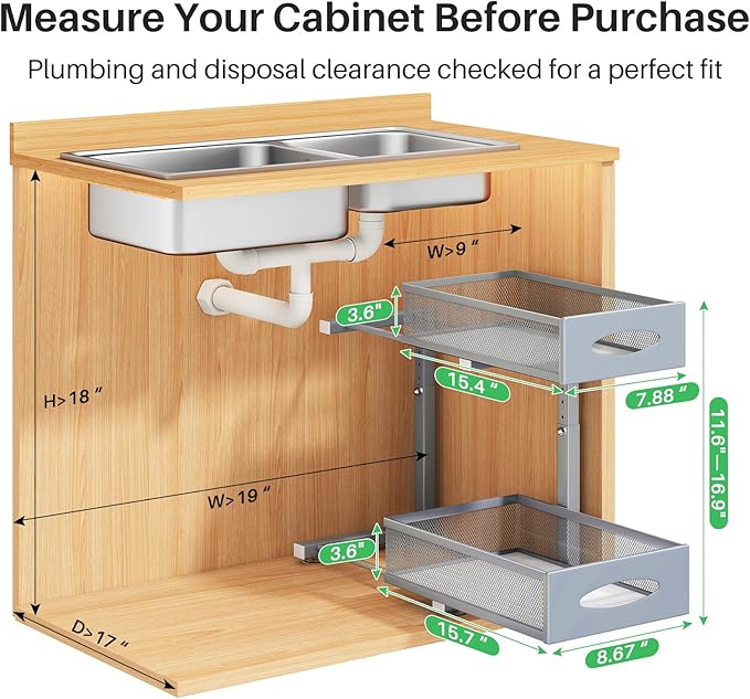 1 Pack Under Sink Organizer, 2 Tier Pull out Cabinet Organizer Mesh Baskets with 5 Adjustable Heights, Sliding Drawers Storage Shelf for Home, Kitchen, Bathroom, Pantry, Office, Countertop ,Grey
