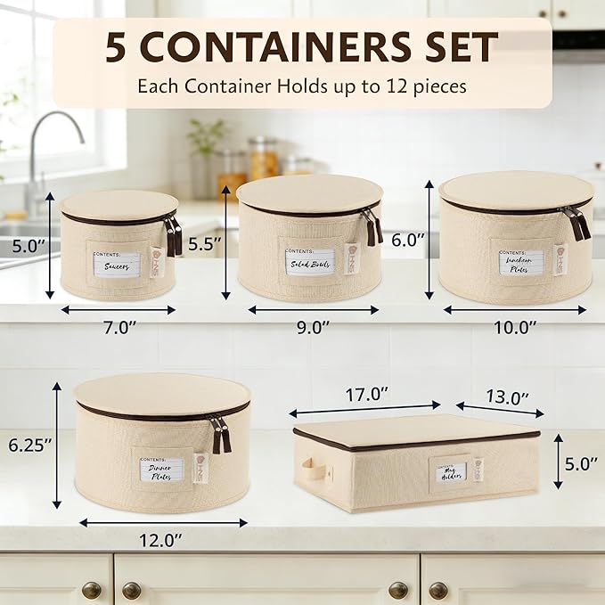 China Storage Hard Shell Containers 5-Piece Set Moving Boxes for Dinnerware, Glasses, Plates, Mugs and Saucers Sturdy Dish Organizer with Dividers for Seasonal Storage - Service for 12 - Beige