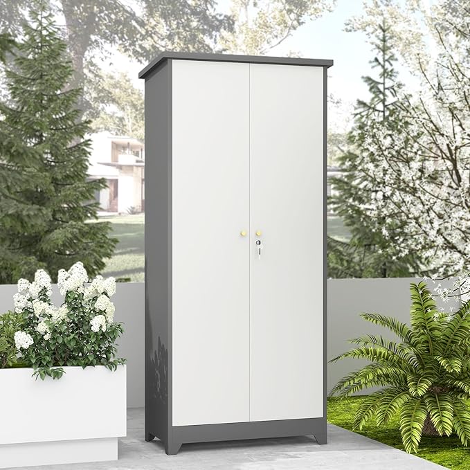 73''H Outdoor Metal Storage Cabinet, Garage Storage Cabinets with Shelves & Locking Doors, Broom Cabinets for Cleaning Supplies, Waterproof Storage Shed for Garden, Porch（15.4" D x 31.5" W ）