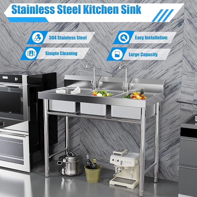 3-Basin Commercial Dishwashing Sink, 4Gal Stainless Steel Utility Sink, Heavy Duty Washing Station Food Prep Table for Restaurant Kitchen Laundry Canteen Bar