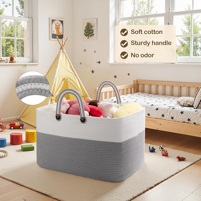 OIAHOMY 95L Large Blanket Basket, 24”x16”x15” Rectangle Woven Baskets For Storage, Nursery Blanket Storage Living Room, Toy Box With Long Handle-Gradient Grey With White