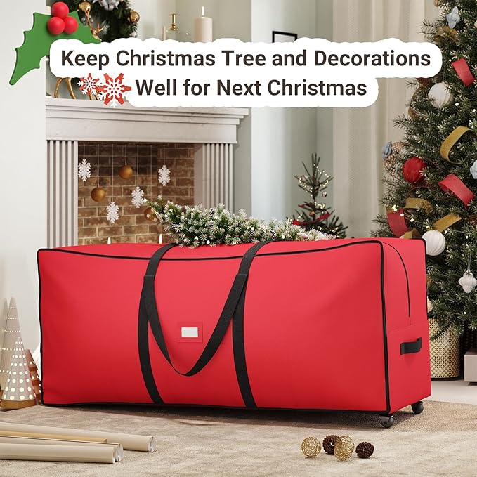 ELYKEN 7.5FT Christmas Tree Storage Bag with Wheels, Rolling Storage Bag for Artificial Christmas Tree and Decorations, Heavy Duty 600D Oxford Fabric, Length-Adjustable Handles, Dual Zippers, Red