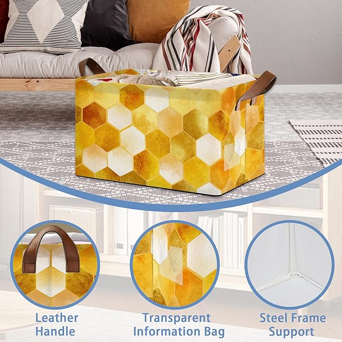 Honeycomb Storage Baskets,Bee Foldable Organizer Bin with Handles for Home Living Room Bedroom Closet Box 17x11.5x10Inch