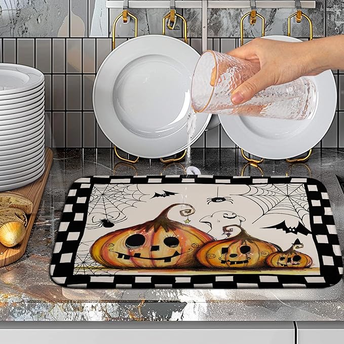 Wnoesat Halloween Kitchen Drying Mats for Dishes 16x18 In Orange Pumpkin Ghost Dish Drying Mat Black Bat Spiders Web Buffalo Plaid Dish Rack Mat Absorbent Microfiber Drying Pad for Kitchen Counter