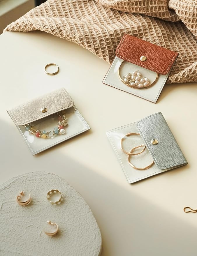 Popvibe 6 Pcs Jewelry Bags Clear Mini Pouch Small Jewelry Pouches for Traveling Leather Portable Travel Jewelry Organizer and Storage Bag for Earrings, Necklace, Beige