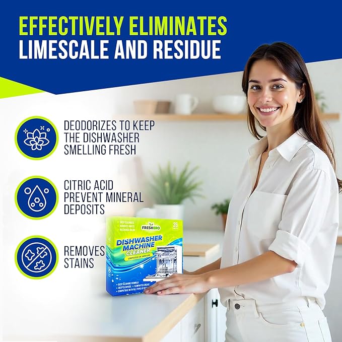 Freshero Dishwasher Cleaner and Deodorizer Tablets 26-Pack, Deep Cleaning Descaler for Dishwasher Machine, Heavy Duty, Septic Safe, Removes Grease & Build-ups, 1 Year of Cleaning Supplies (Unscented)
