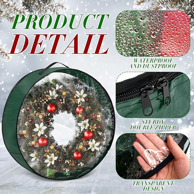 4 Pcs Christmas Wreath Storage Bag, Christmas Garland Storage Container with Clear Window, Zipper & Handle for Xmas Holiday Seasonal Wreath Garland Box(Green,24")